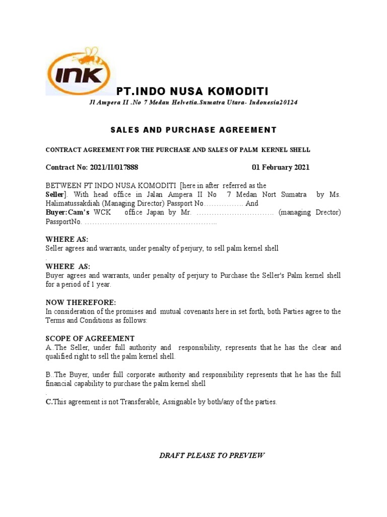Draft SALES AND PURCHASE AGREEMENT INK 1 | Download Free PDF | Prices ...