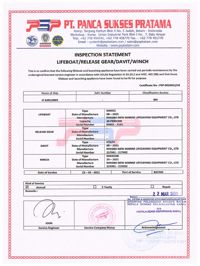 Certificate Lifeboat & Rescueboat j7 Explorer PDF