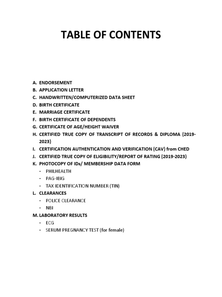BFP Application Table of Contents 2024 | PDF