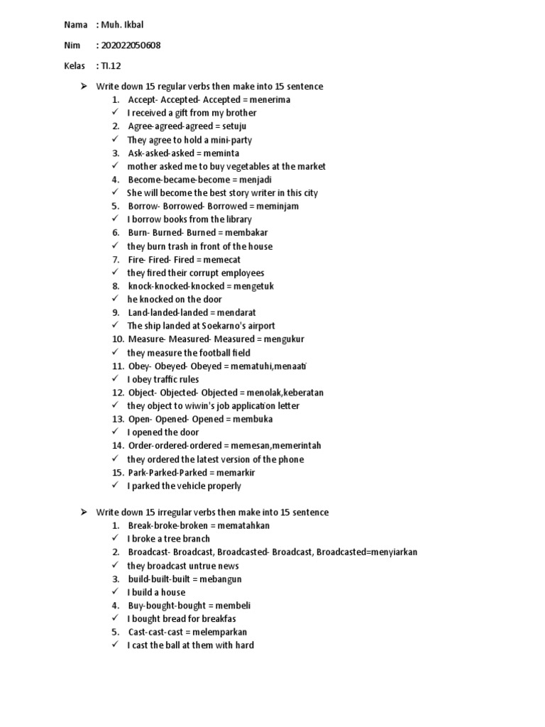 Write Down 15 Regular Verbs Then Make Into 15 Sentence PDF
