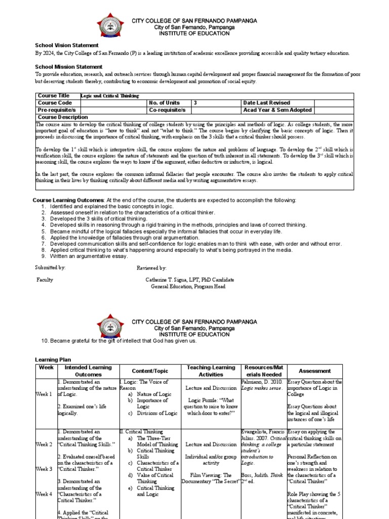 Logic and Critical Thinking Syllabus | PDF | Critical Thinking | Fallacy
