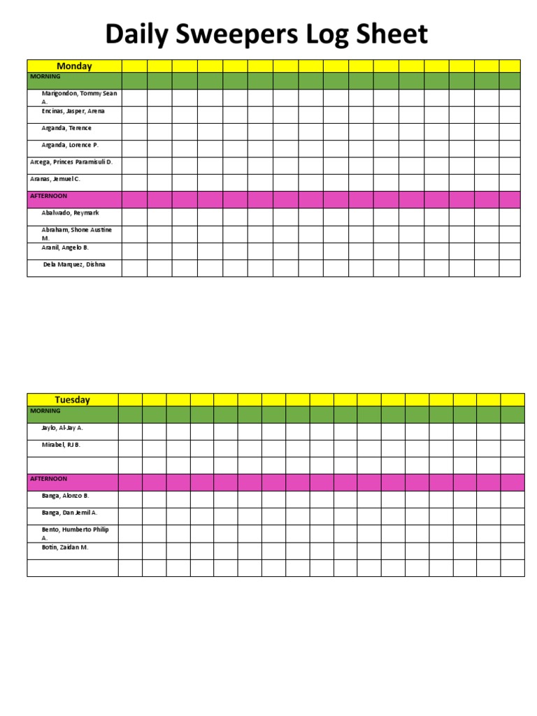 Daily Sweepers log sheet PDF