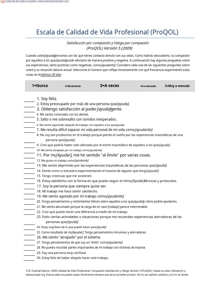 ProQOL 5: Satisfacción y Fatiga por Compasión | PDF | Trauma ...