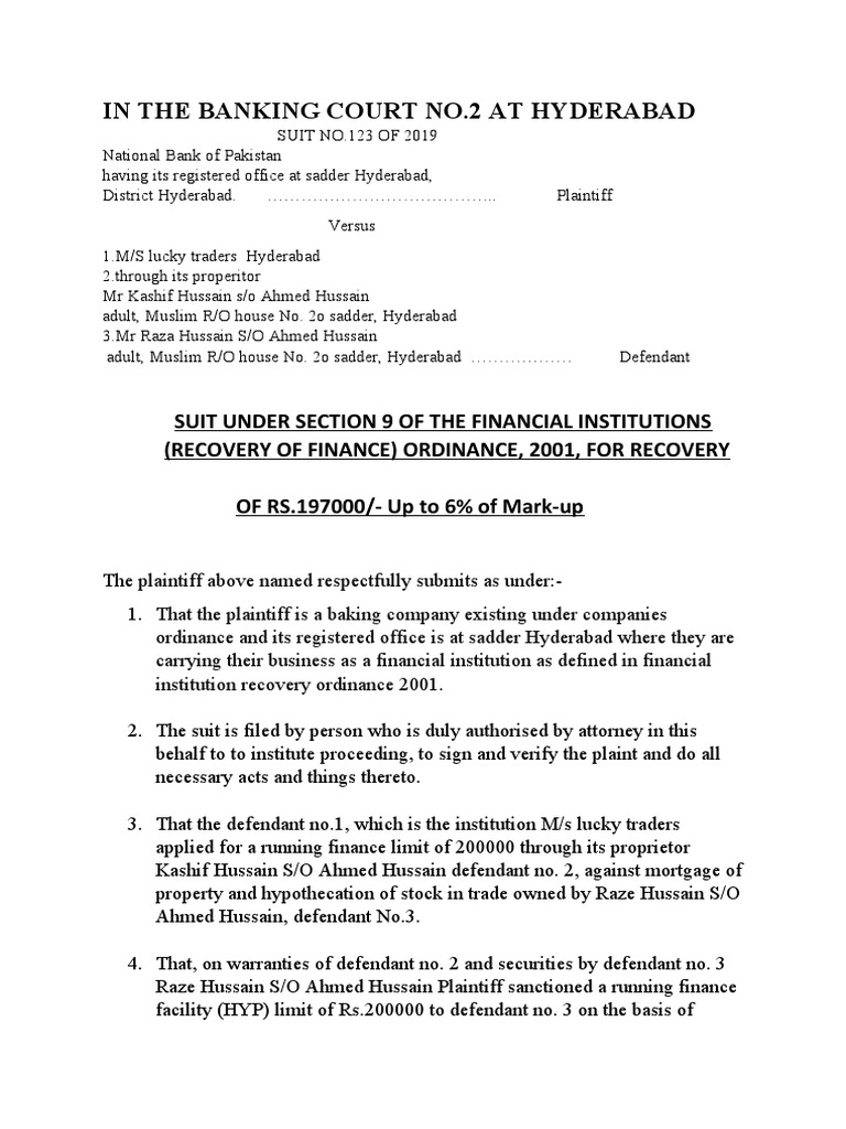 Plaint Banking PDF Lawsuit Mortgage Loan
