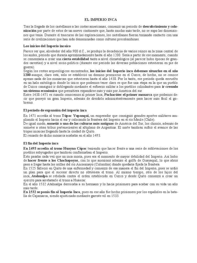 Resumen del Imperio Incaico | PDF | Imperio Inca