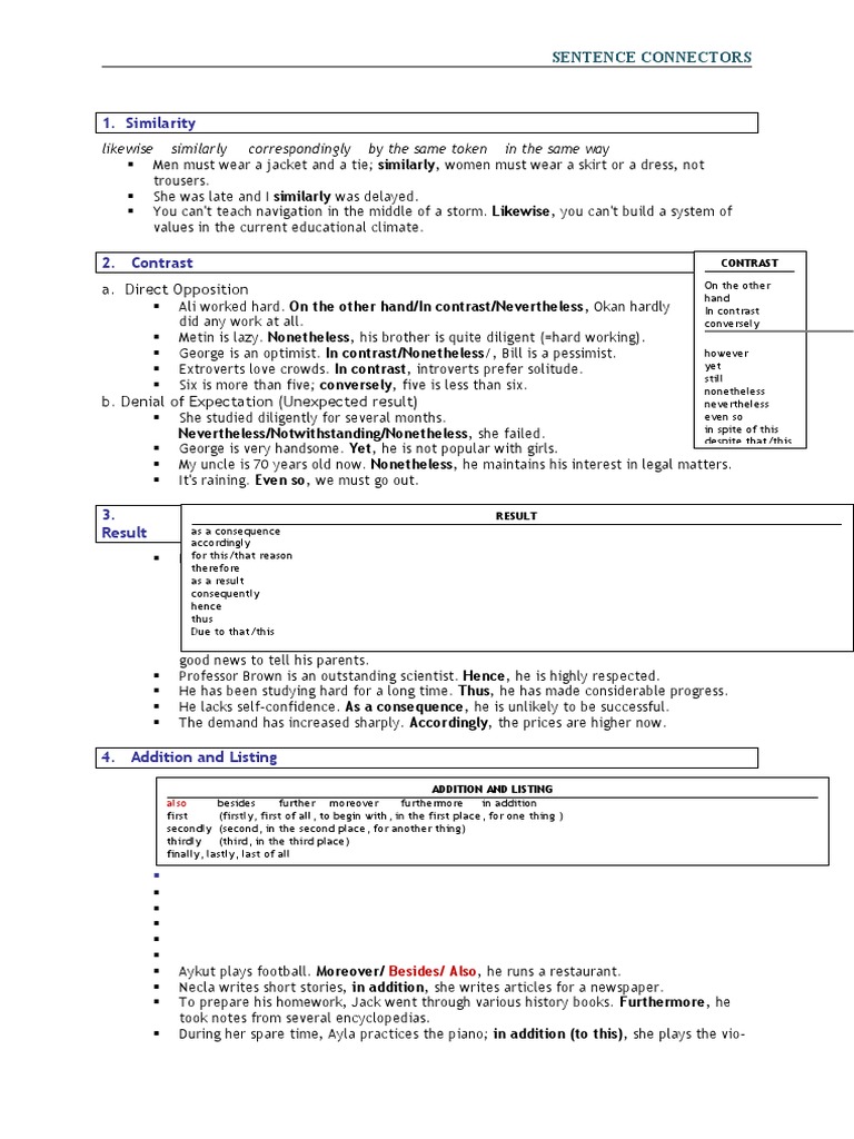 Summary of Sentence Connectors PDF