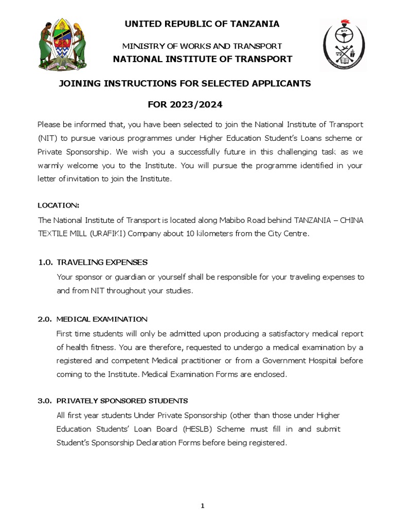 Joining Instruction 2023 2024 PDF Identity Document Blood Pressure