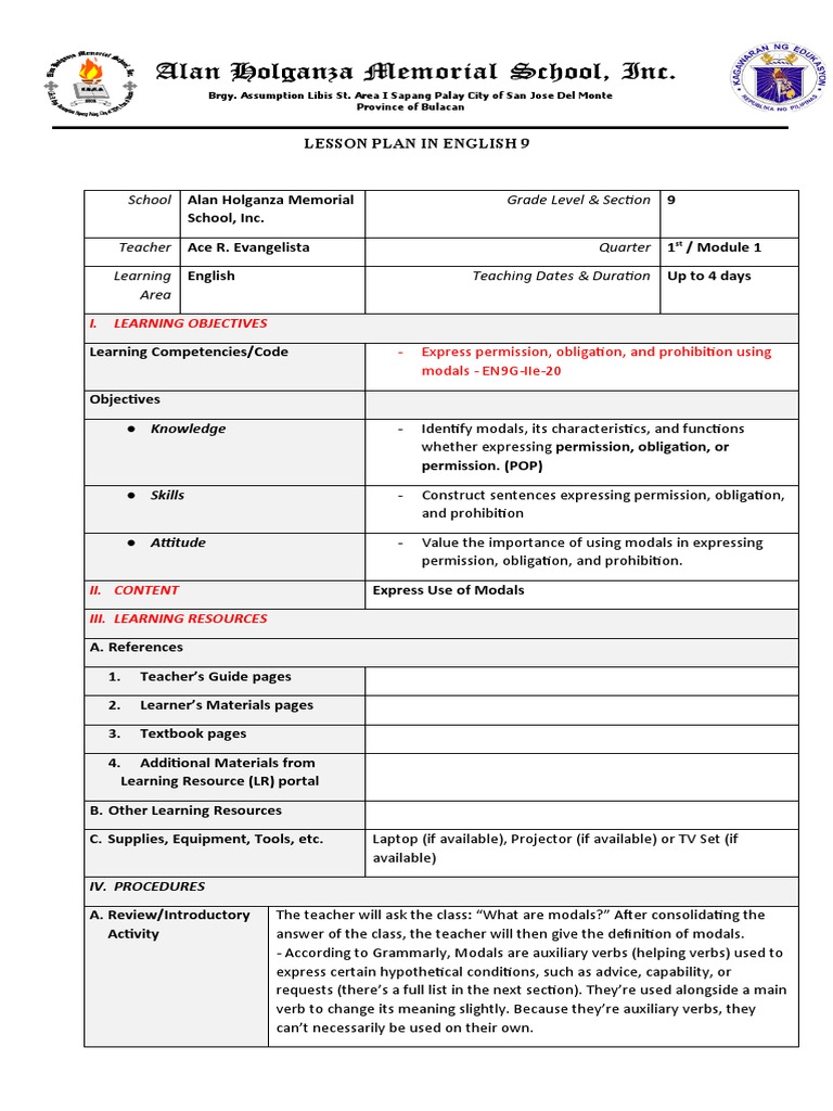 LP - Express Use of MODALS - Grade 9 1Q | PDF | Linguistics