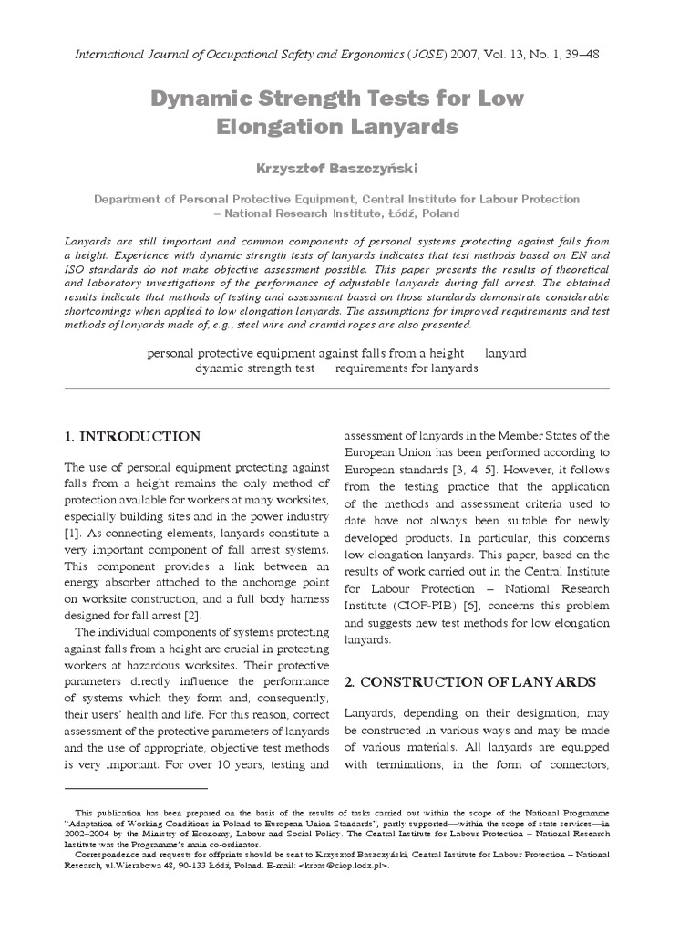 Dynamic Strength Tests for Low lanyard | PDF