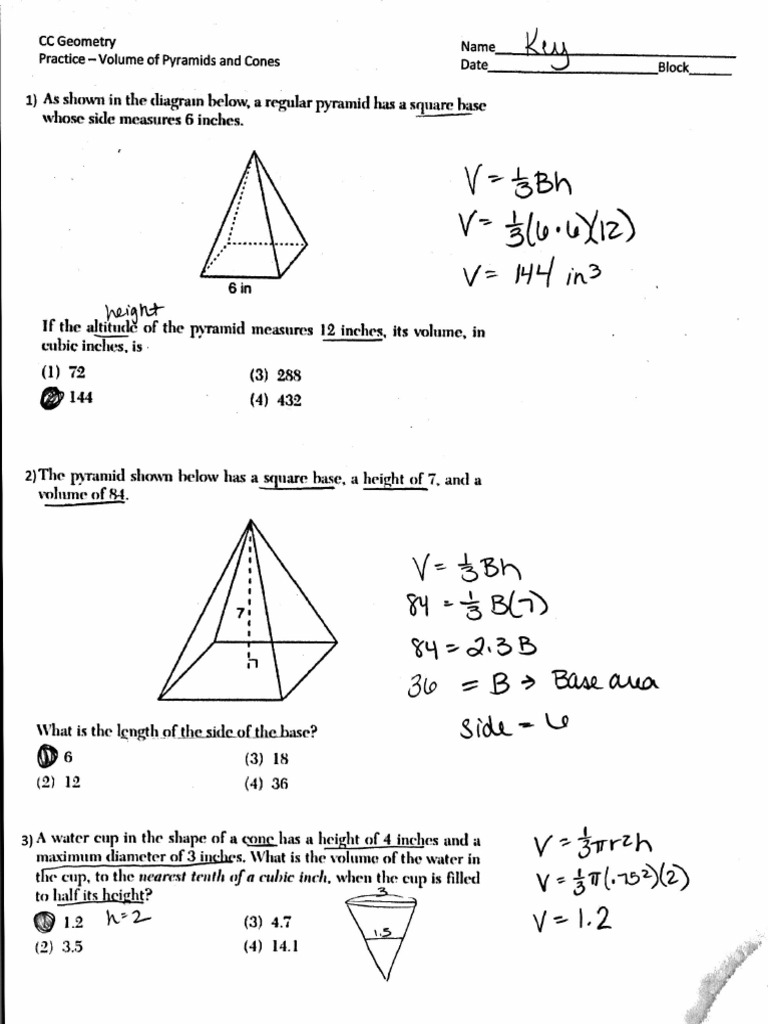 Volume of Pyramids and Cones Keys PDF