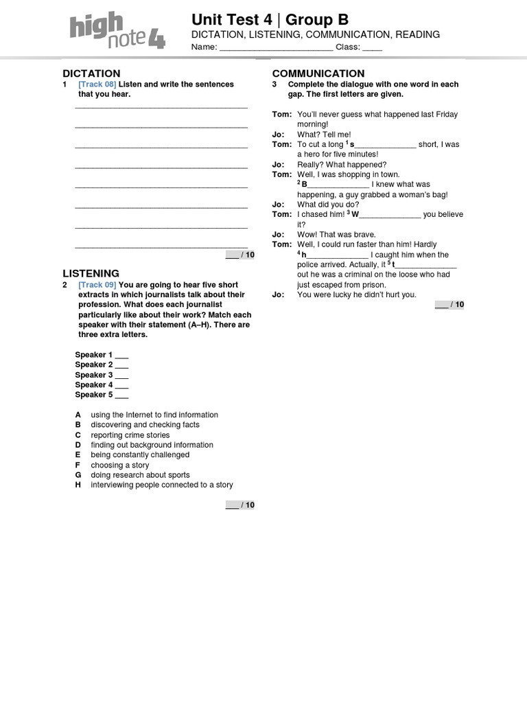 HighNote4 Unit Skills Test Unit04 GroupB | PDF