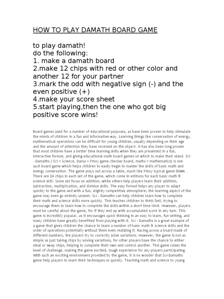 How to Play the Damath Board Game | PDF | Subtraction | Arithmetic
