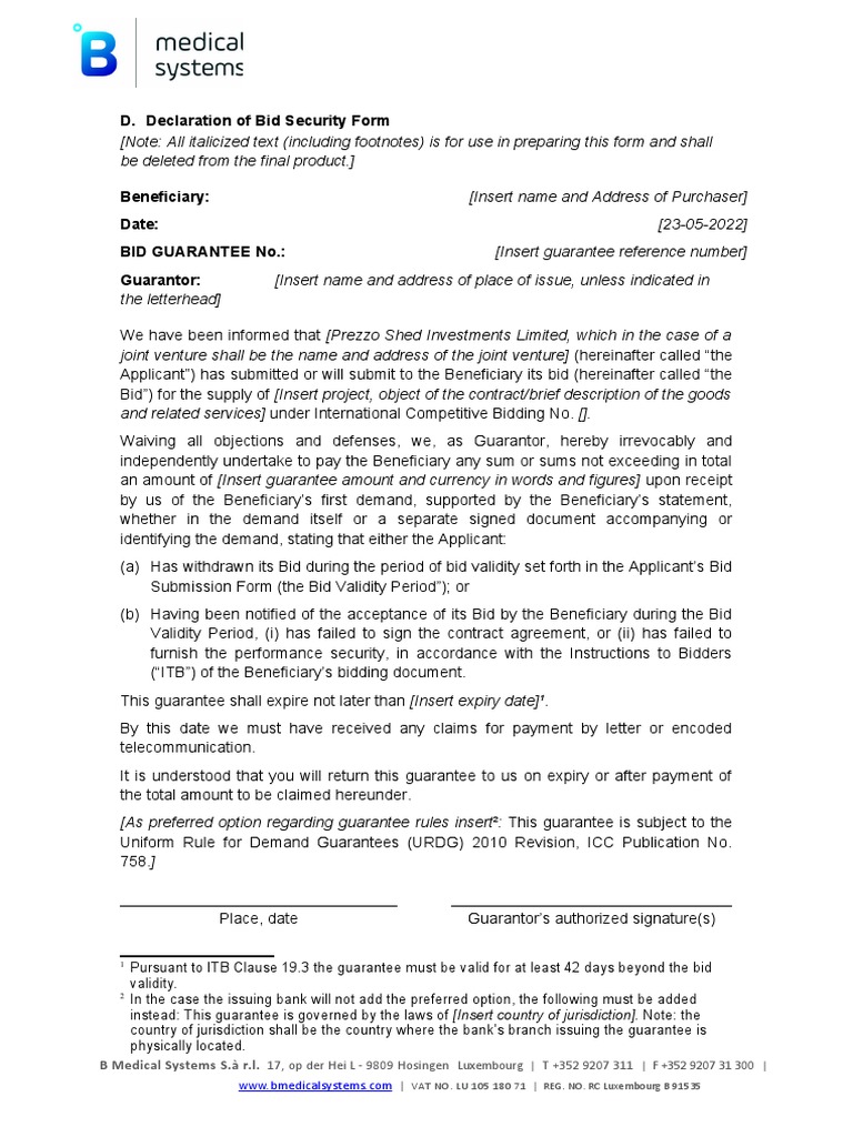 D declaration of bid security form pdf guarantee joint venture