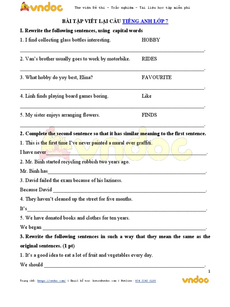 Bai tap viet lai cau tieng anh lop 7 chuong trinh moi co dap an pdf