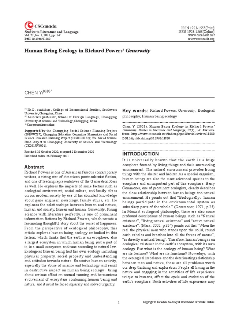 Human being ecology in richard powers generosity chen yi pdf