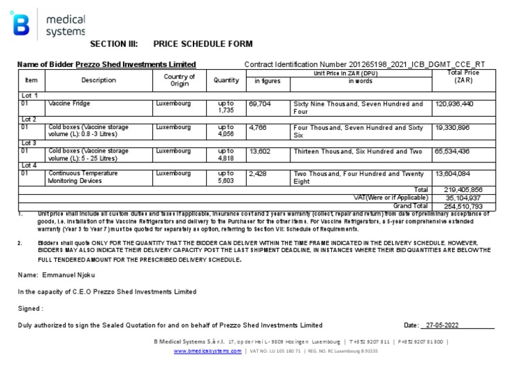 Standard Price Schedule Form
