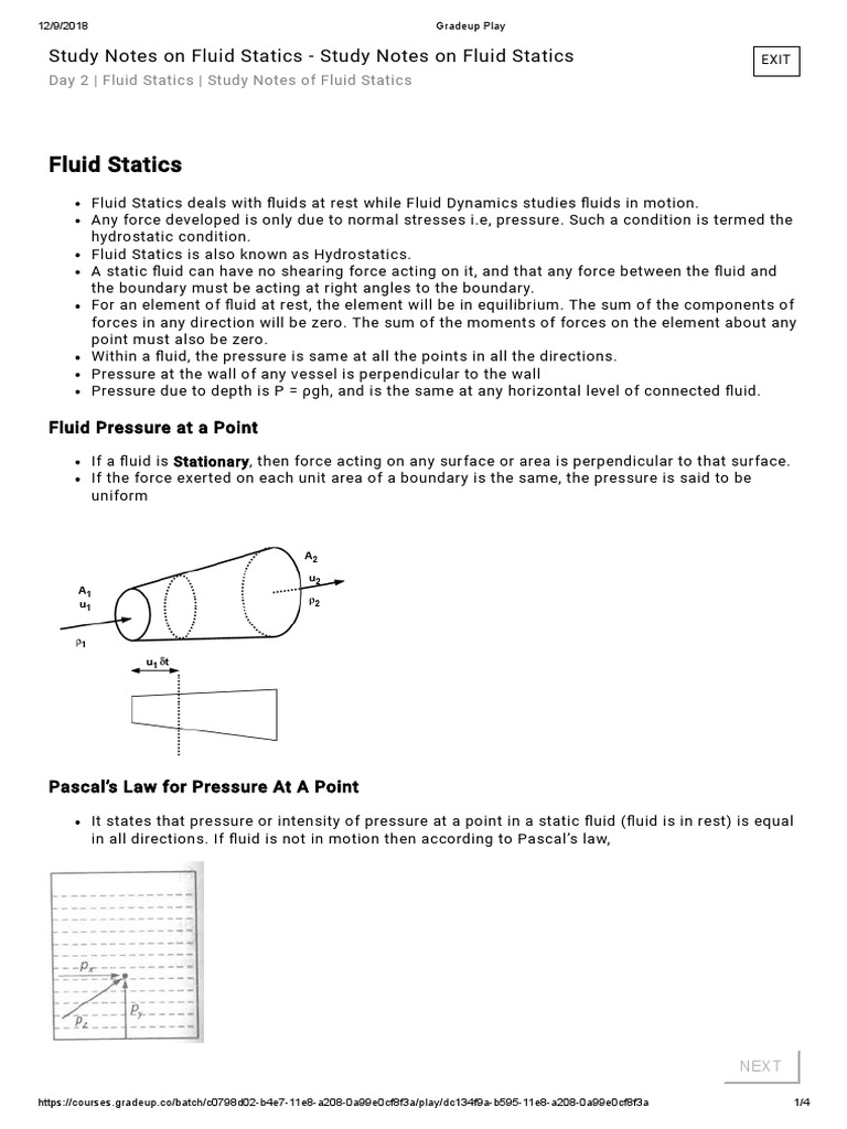 Fluid Statics Study Notes PDF | PDF | Pressure | Force