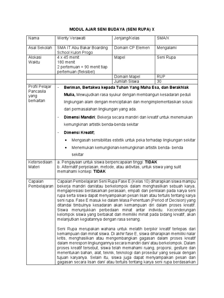 Modul Ajar Seni Budaya Seni Rupa X Pdf