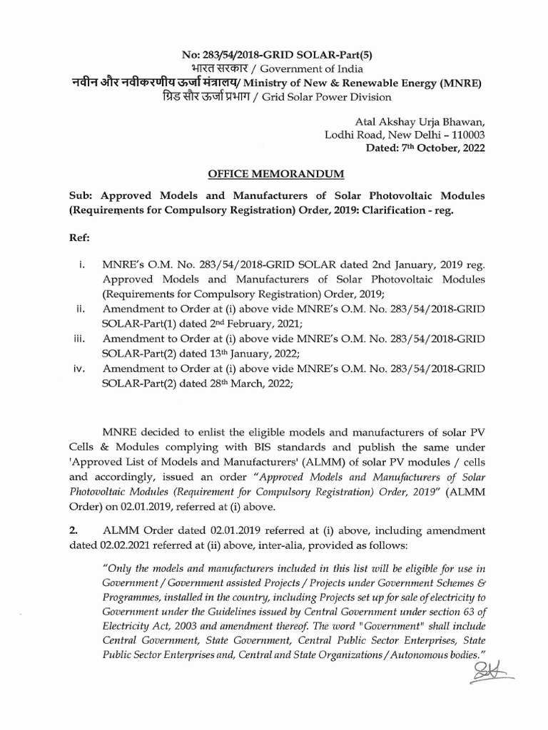 MNREs Clarification On Approved Modeles and Manufacturers SPV Modules ...
