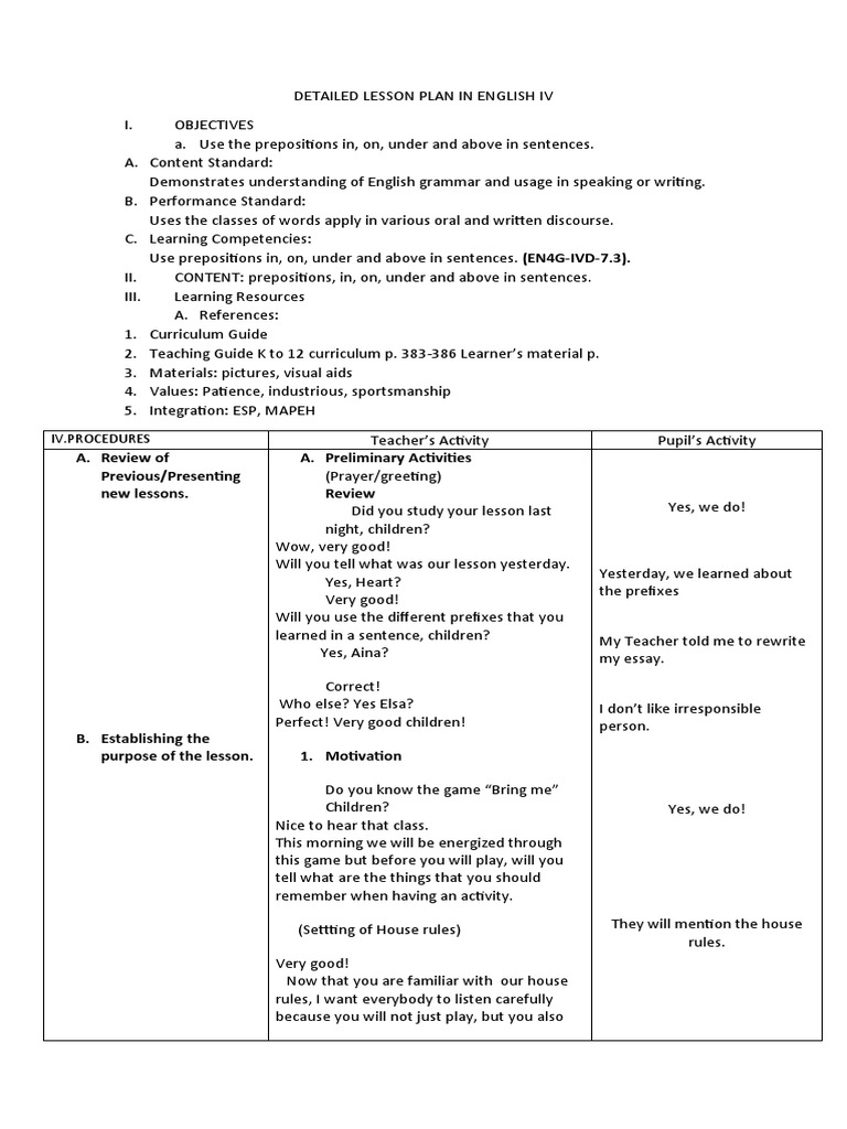 Lesson Plan: Prepositions in English IV | PDF | Lesson Plan | English ...