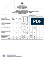 TABLE OF SPECIFICATION For 4th Quarter Bread and Pastry
