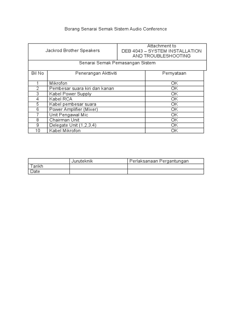Borang Senarai Semak Sistem Audio Conference | PDF
