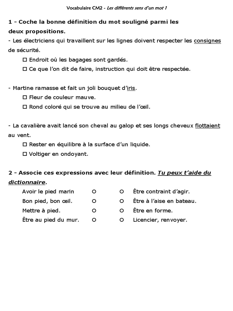 Les Différents Sens D un Mot Cm2 Exercices Pdf Les Différents Sens d Un Mot Exercices Cm2 | PDF | Linguistique