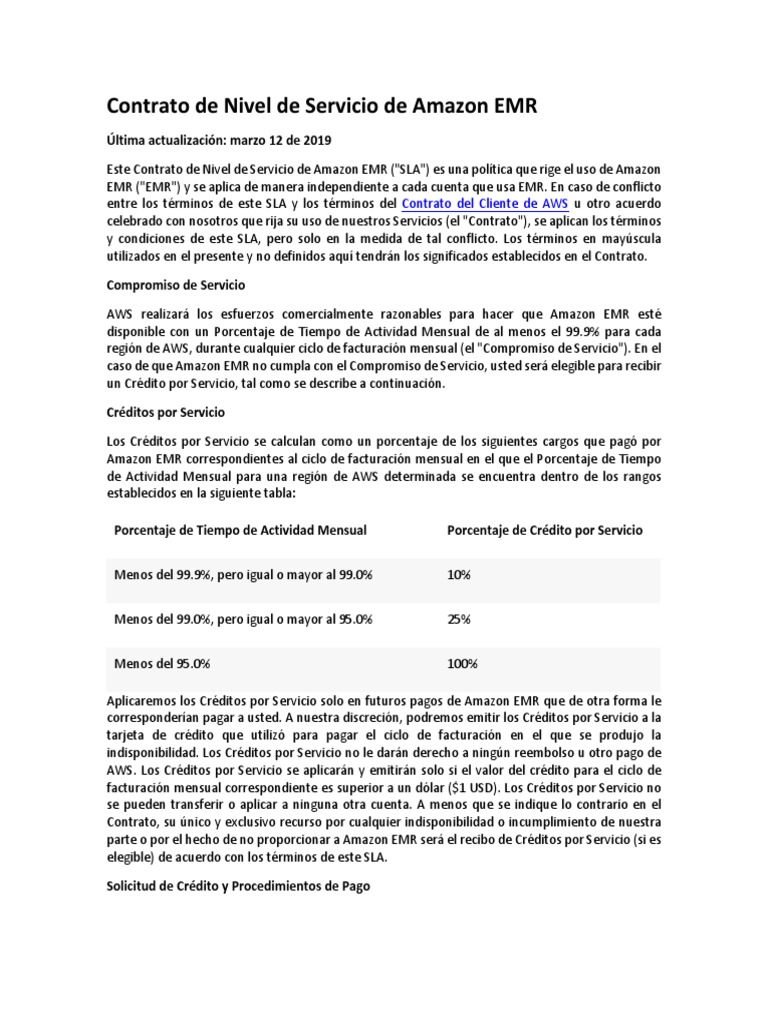 Amazon EMR Service Level Agreement-April 2019 - ES | PDF | Software ...