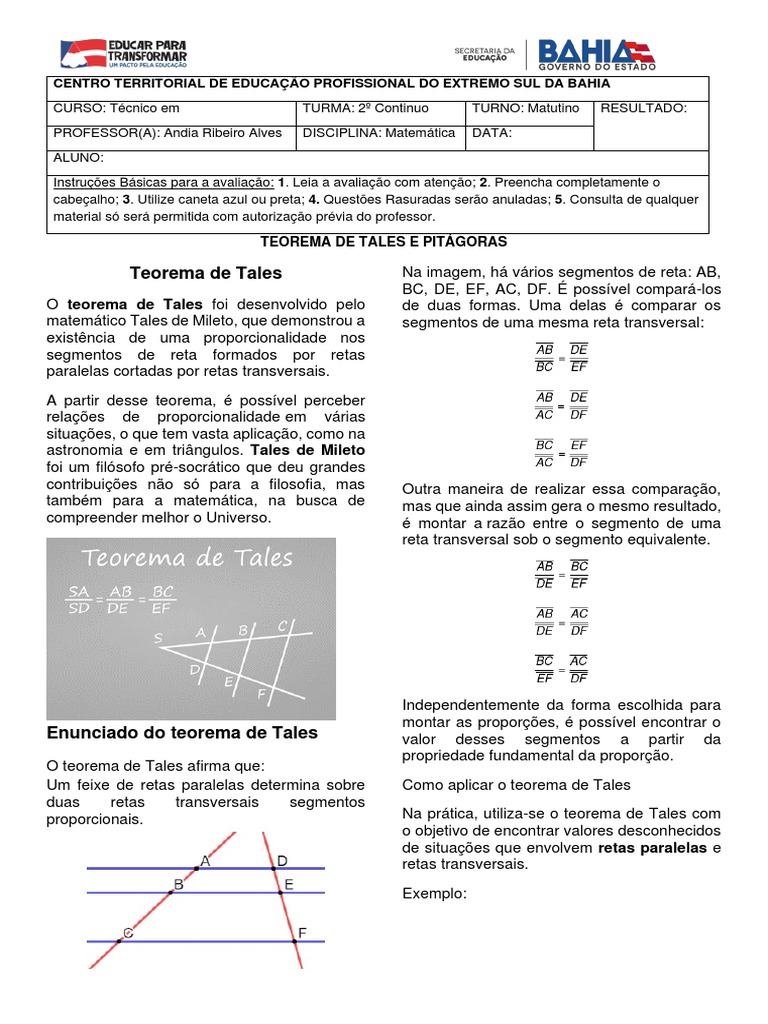 Apostila Teorema de Tales e Pitágoras | PDF