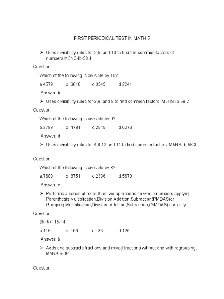 Math 5 First Periodical Test Guide | PDF | Subtraction | Multiplication