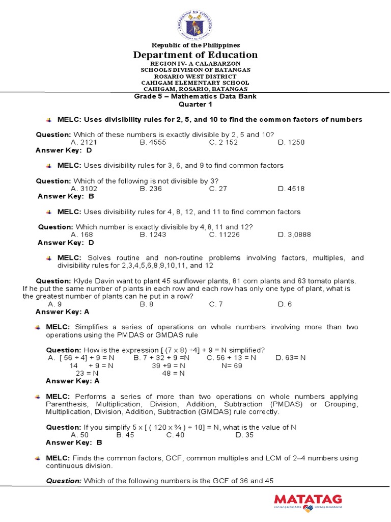 Cahigam Es Grade 5 Q1 Data-Bank-In-Math-5 | PDF | Multiplication ...