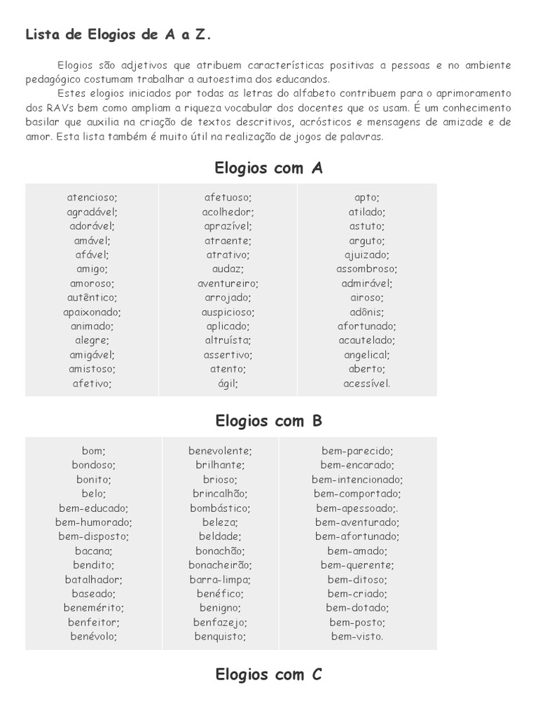 Lista de Elogios de A a Z | PDF