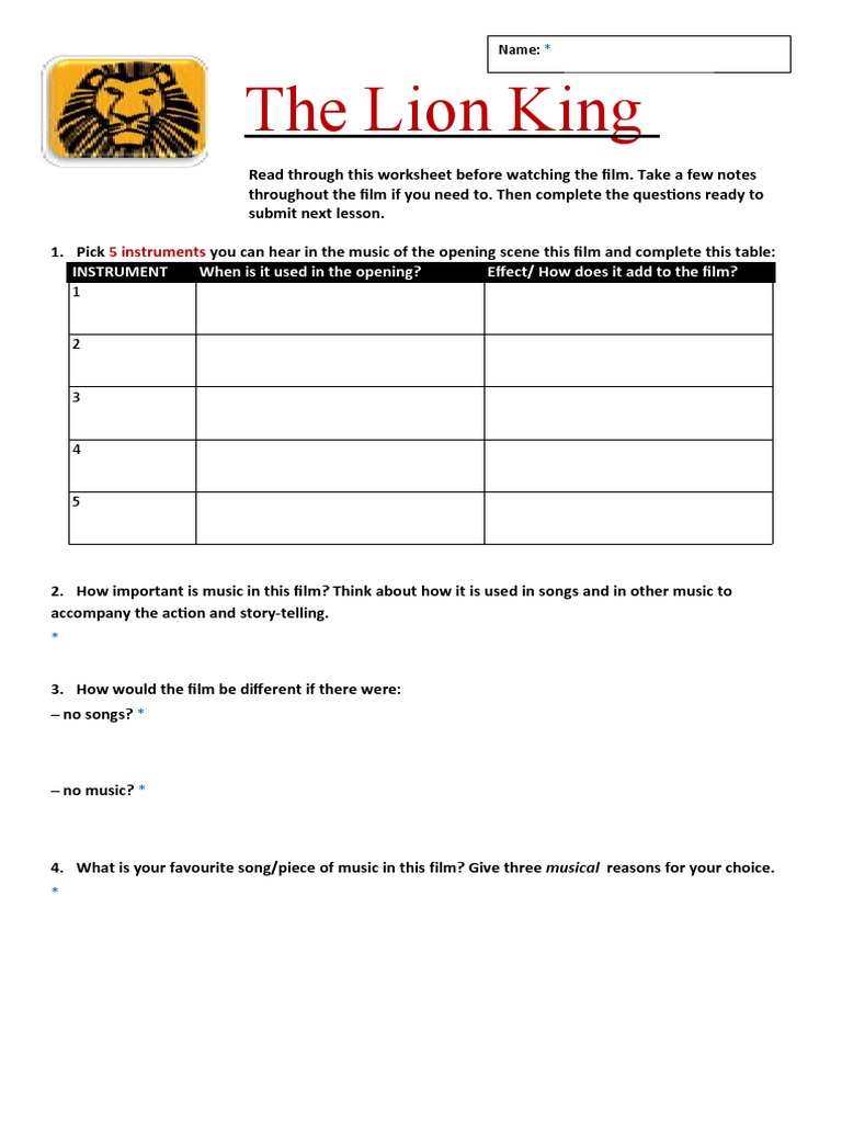 Lion King Worksheet 1 PDF