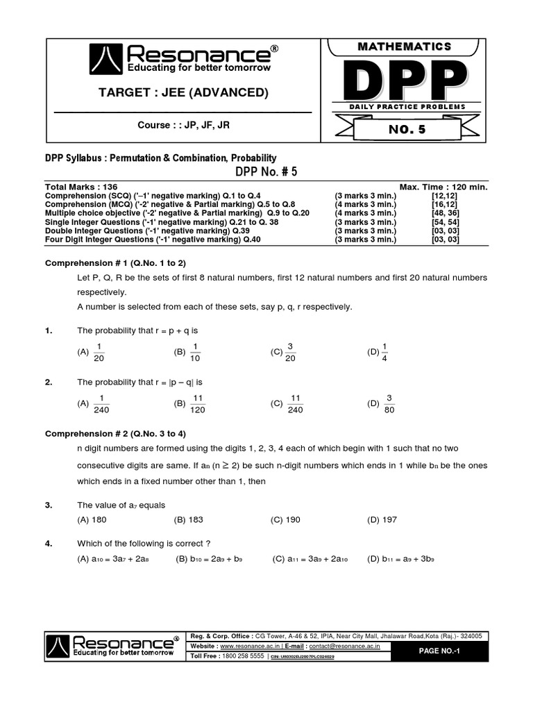 DPP 5: Permutation & Combination Problems | PDF | Numbers ...