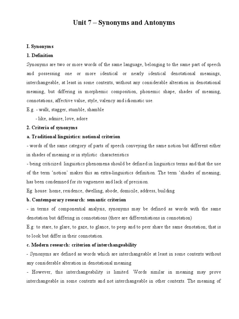 Unit 7 - Synonyms & Antonyms - Handout | PDF