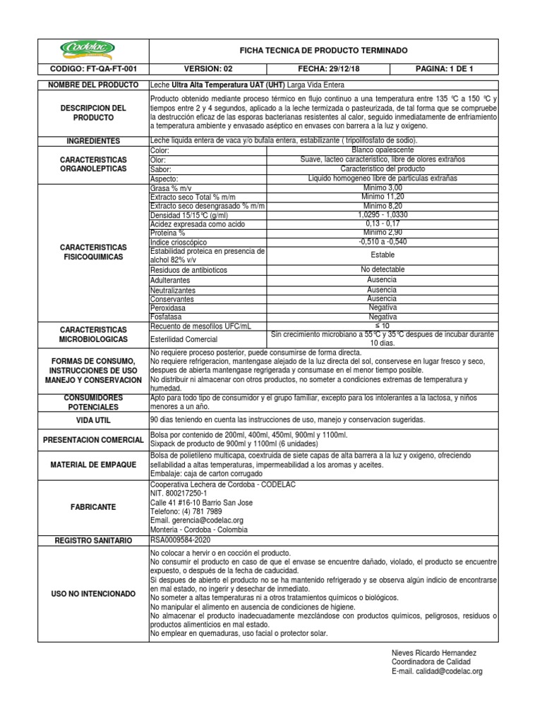 Ficha Técnica de Leche Codelac UHT | PDF