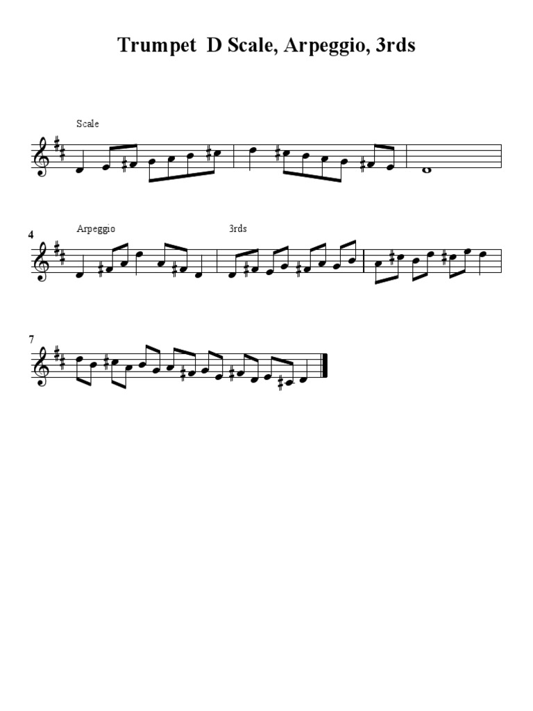 Trumpet D Scale, Arpeggio, 3rds PDF
