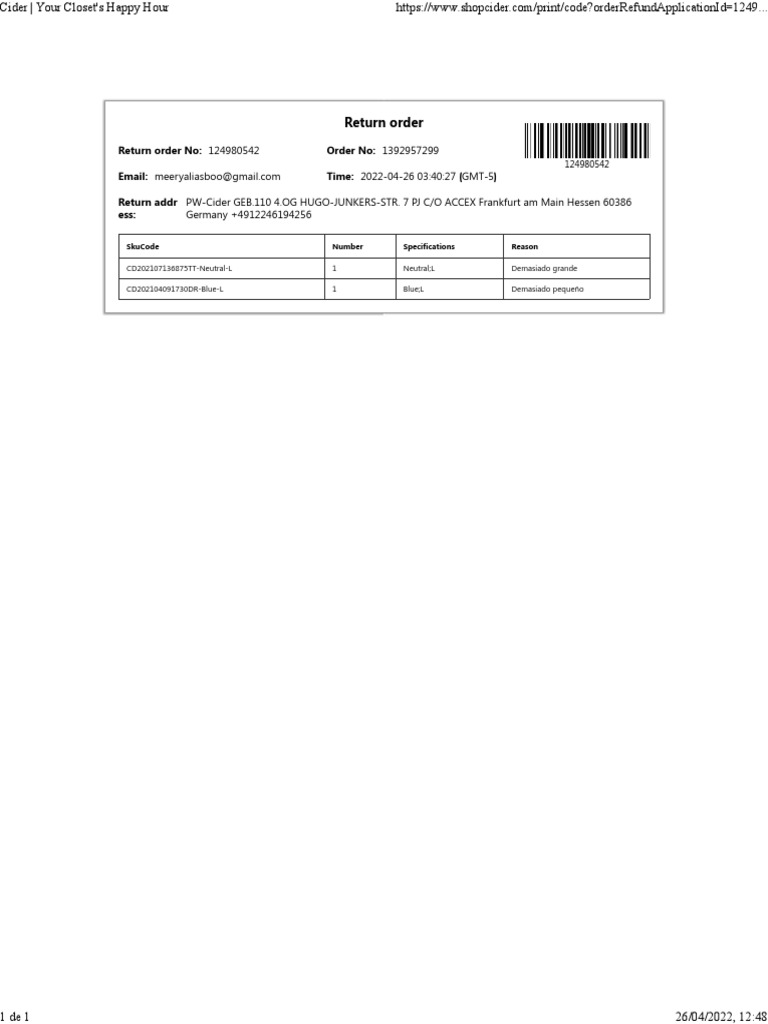 Return Order Details for Cider | PDF