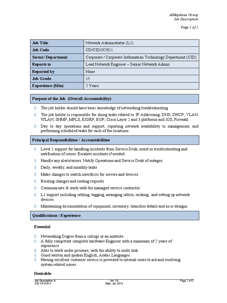 Job Description 15 Network Administrator PDF Computer Network