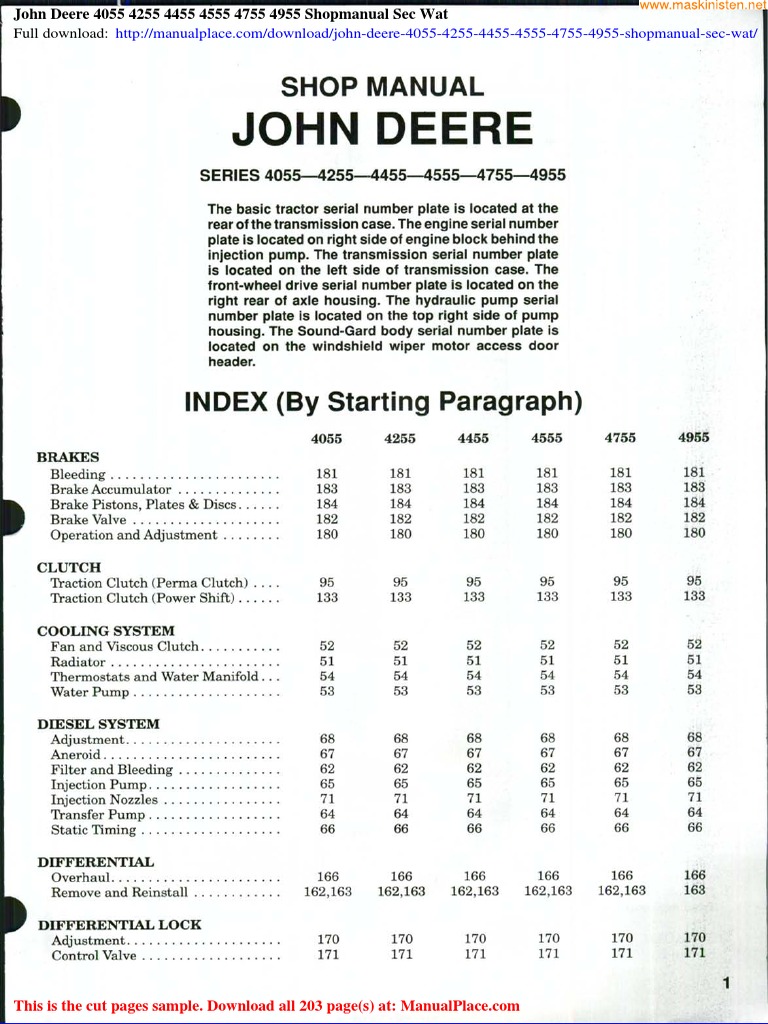 Pdf 4055, 4255, 4455 John Deere Tractor - (TM1458) Service Manual