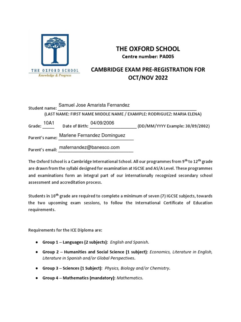 10th Grade Enrollment Sheet Samuel Amarista 10a1 Pdf