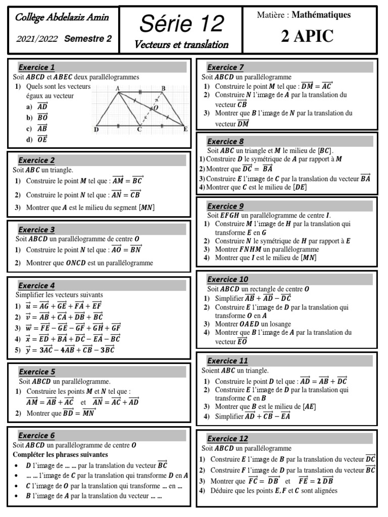 Serie 12 Vecteurs Et Translation | PDF | Géométrie | Relations ...