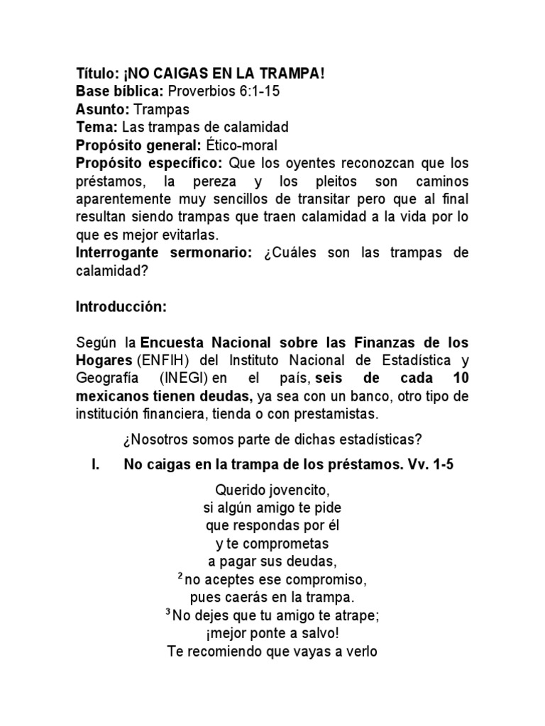 Sermón No Caigas en La Trampa Prov. 6.1-11 | PDF