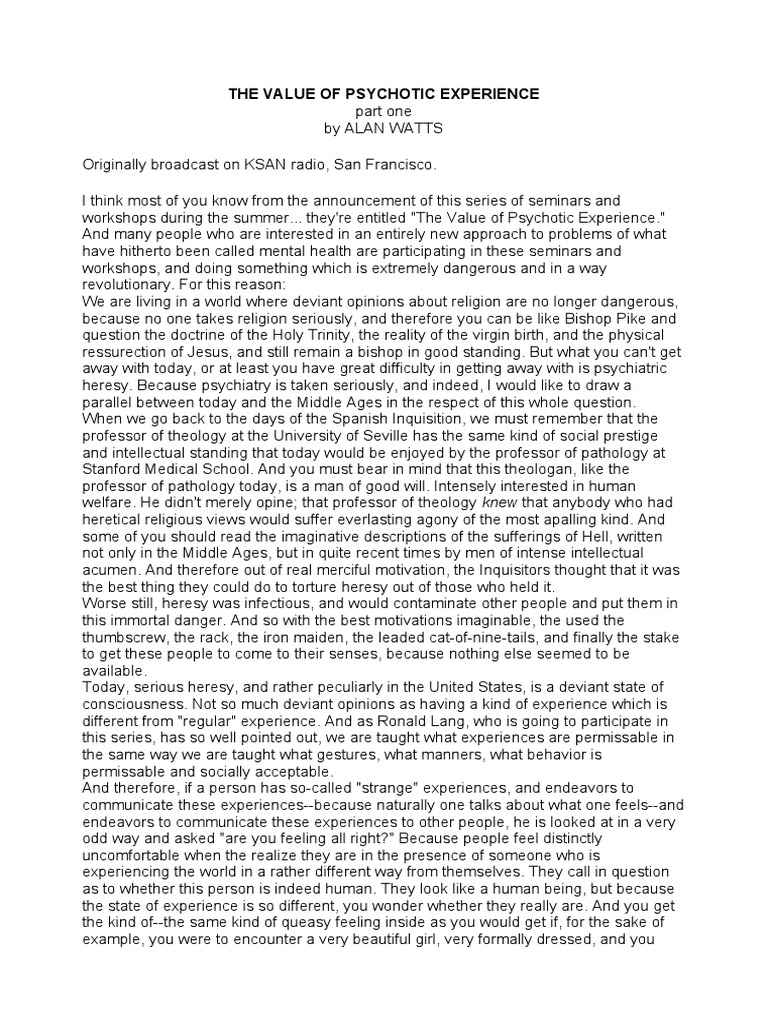 Alan Watts The Value Of Psychotic Experience Part 1 Pdf