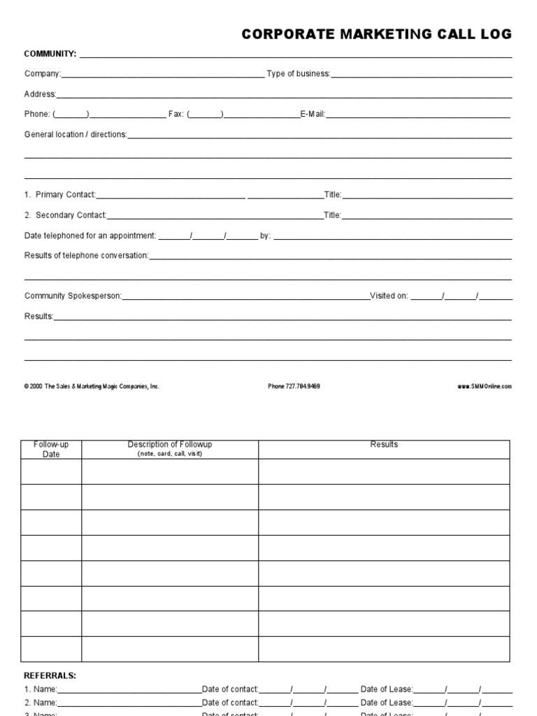 Corporate Marketing Call Log Template | PDF | Telecommunications ...