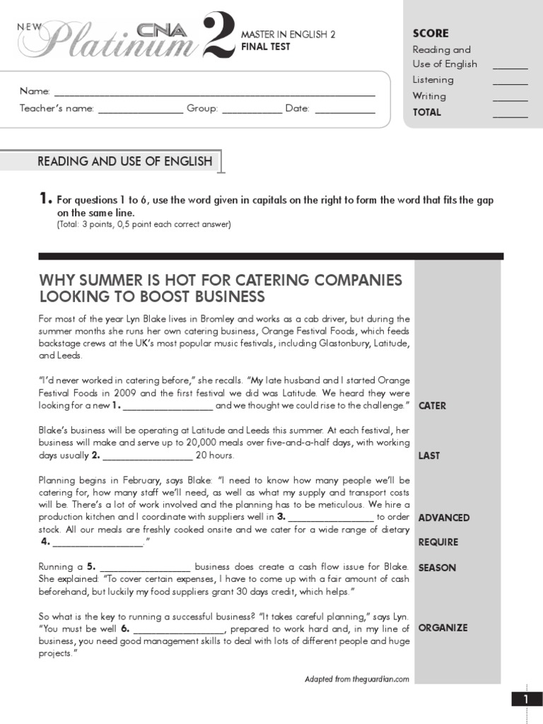 Master in English 2 Final Written Test Type A PDF