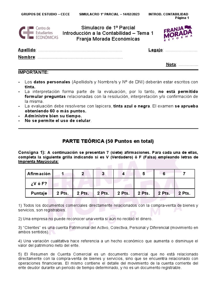 Simulacro Examen Contabilidad 1° Parcial | PDF | Contabilidad | Bancos