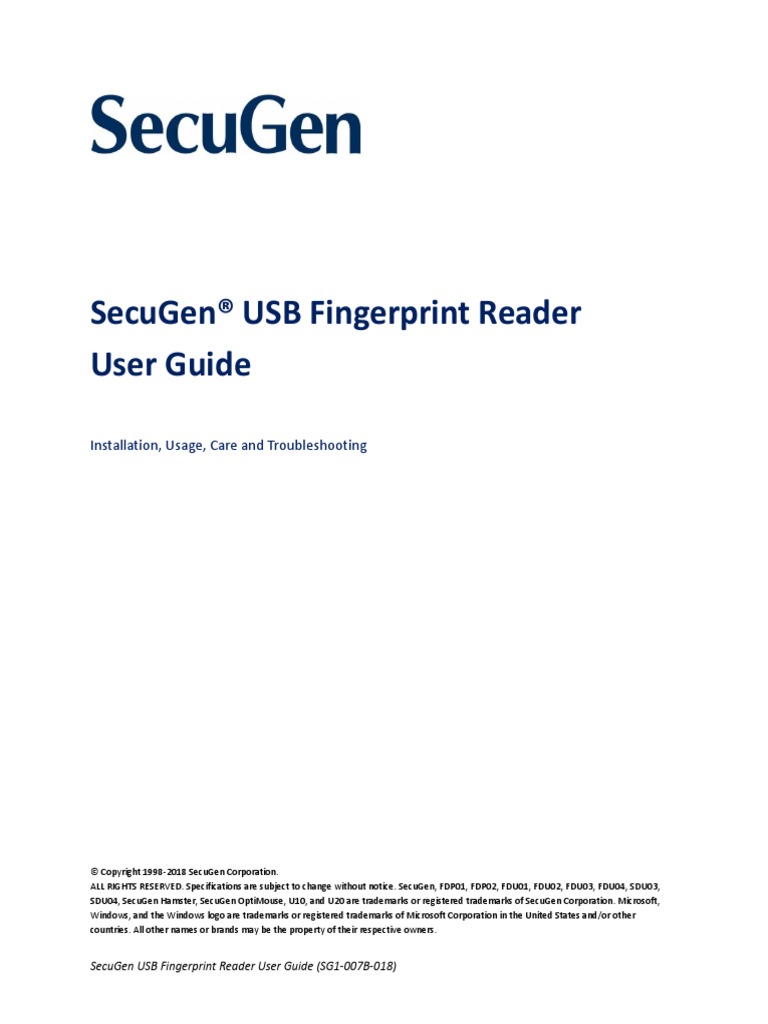 Secugen® Usb Fingerprint Reader User Guide: Installation, Usage, Care ...