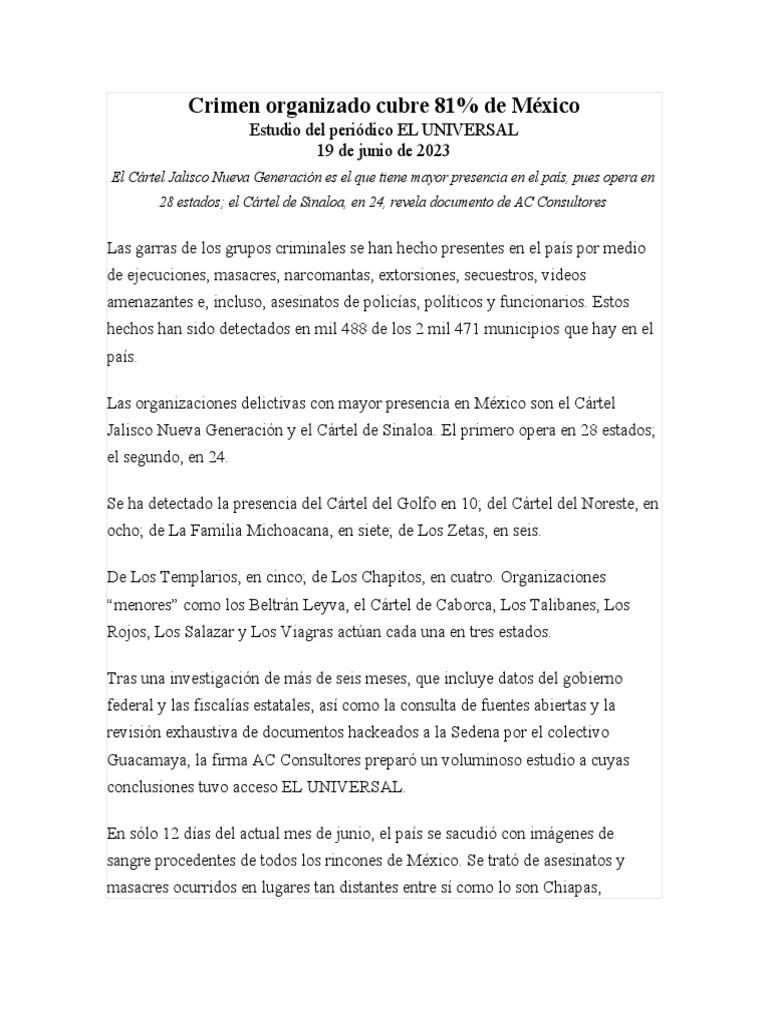 Crimen Organizado en Mexico | PDF | México | Cartel de Sinaloa