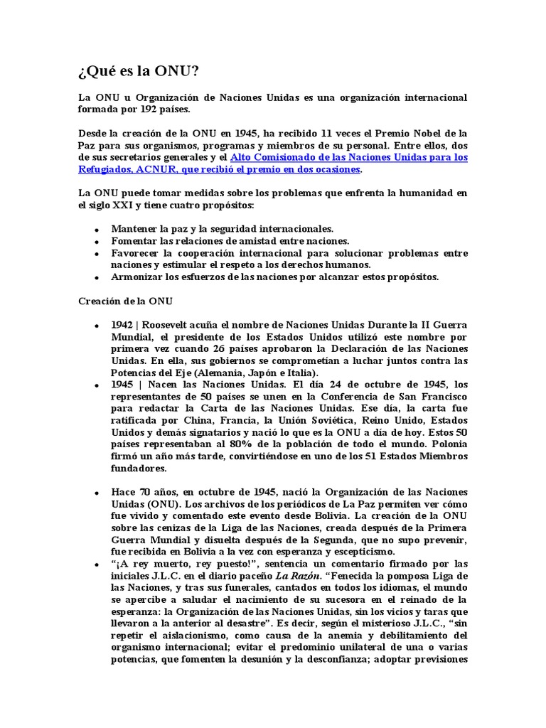 Historia y Funciones de la ONU | PDF | Naciones Unidas | Relaciones ...